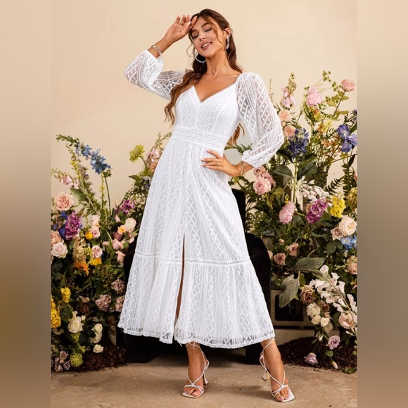 Boho Summer Elegant White Ruffle Lace Long Sleeve Split Dress - Picture 1 of 7